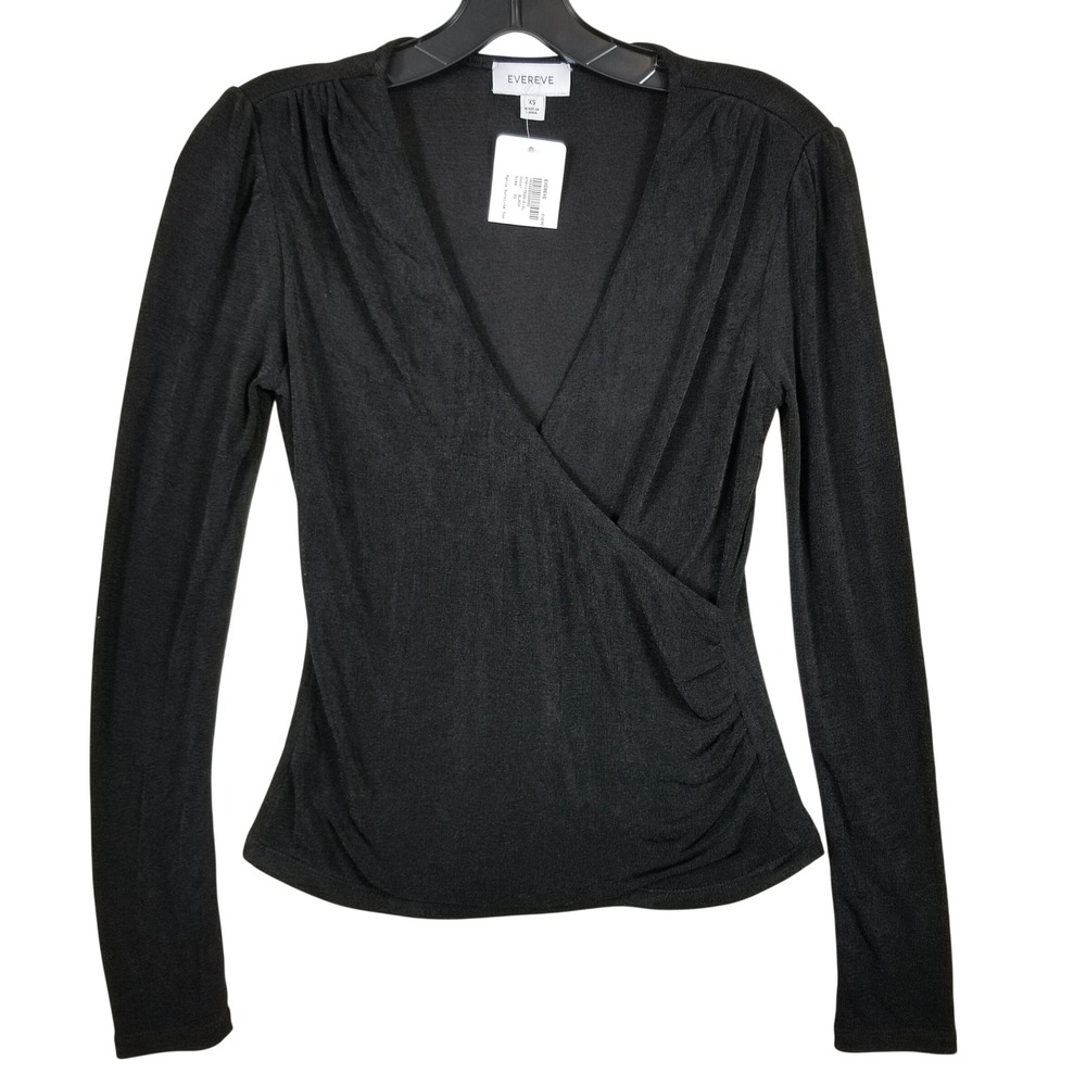 Evereve Marla Surpliceโ Top Womens XS Black Long Sleeve V-Neck Ruched